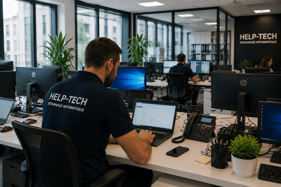 Technicien HELP-TECH en assistance informatique à Bondy, aidant un client à domicile sur son ordinateur